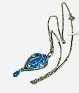 Antique Art Nouveau Sterling Silver Enamel Pendant And Chain