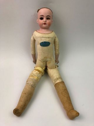 Antique Darling Germany Jointed Bisque Head Leather Body Doll Blue Eyes 15 " Tall