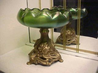 Rare Art Nouveau Loetz Iridescent Green Bowl W 3 Nouvau Lady Heads On Base