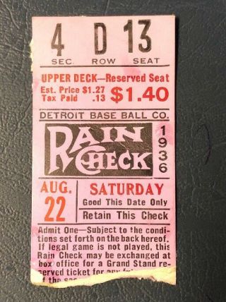 Rare 1936 Detroit Tigers Ticket Stub Vs White Sox Navin Field Gee Walker 2 Hr 