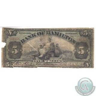 Rare - Bank Of Hamilton 1909 $5 Bank Note - Serial Number 001358