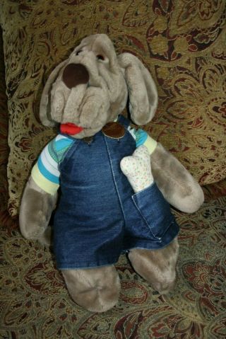 Ganz Vintage Wrinkles Plush Puppy Dog Stuffed Animal Toy Puppet 1980s Overalls