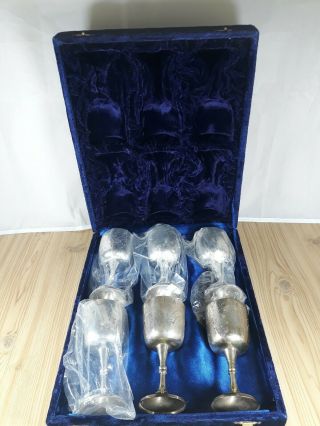 6 X Vintage Epns Silver Plated Wine Goblets In Blue Velvet Storage Case
