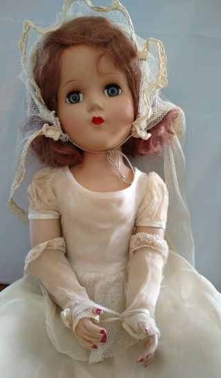 Vintage Ideal Toni Doll 18 " In Wedding Dress W/long Lace Veil & Shoes Rare