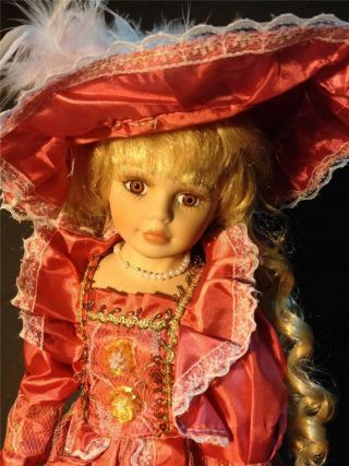 Bisque Porcelain Dolls Curly Hair Great Pink Dress Costume With Shoes Hat Stand