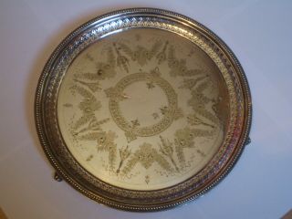 Antique Walker & Hall Silver Plated Engraved Salver.  With Rococo Style Feet