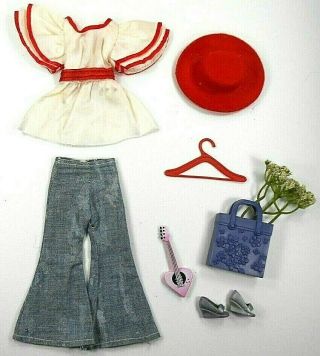 Barbie Vintage Hippie Outfit Red White Blue Gray Guitar Tote Flowers Hat Shoes