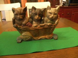 Vintage Cast Iron Door Stop - 3 Cats In A Basket With Yarn.