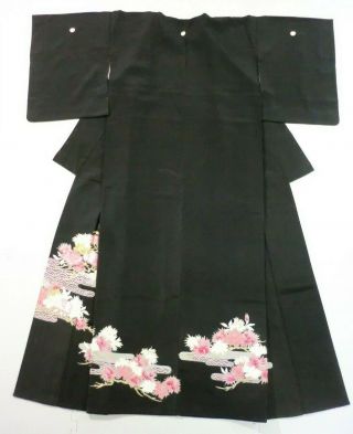 Antique Japanese Kimono,  Black Tomesode,  Silk,  Hand Embroidery N082617