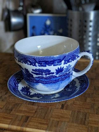 Rare Vintage Oversized Blue Willow Tea Cup And Saucer
