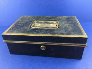 Vintage Antique Black Metal Lock Box Tin Cash Deed Document Strong Box No Key