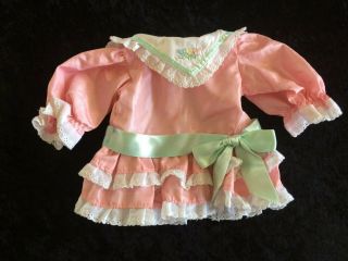 Vintage Cabbage Patch Doll Pink Dress - Green Ribbon With Embroidery & Ruffles