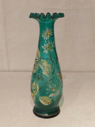 Victorian Green Art Glass Enameled Hand Painted Ruffled Top Floral Vase Swirl