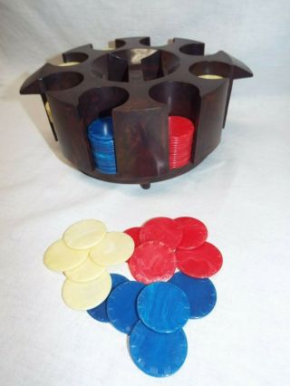 Vintage / Antique Bakelite / Catalin Poker Chips And Card Holder Carousel Caddy