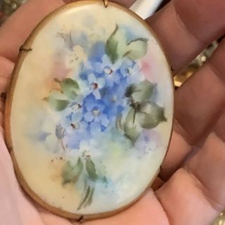 Vintage Antique Victorian Hand Painted Porcelain Flower Floral Brooch Pin