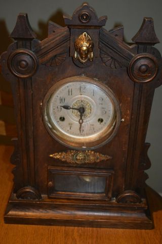 Vintage Tall Wooden Mantel Clock With Brass Work Chiming Silver Dial