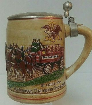 Rare 1980s Budweiser Stein With Hand Hammered Pewter Lid With Horses And Wagon