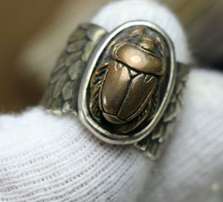 Rare Modernist Han Zup Egyptian Revival Winged Scarab Sterling Gf Ring Size 7