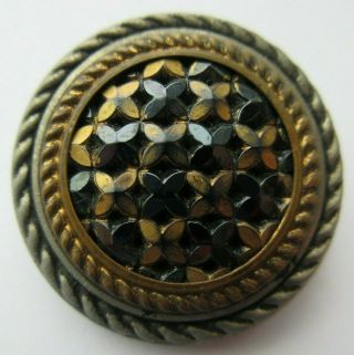 Spectacular Large Antique Vtg Black Glass In Metal Button W/ Gold Luster (g)