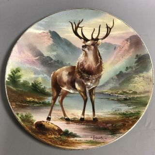 A Large Antique Pottery Plaque Hand Painted Scene Highland Stag.  Signed W Thomas