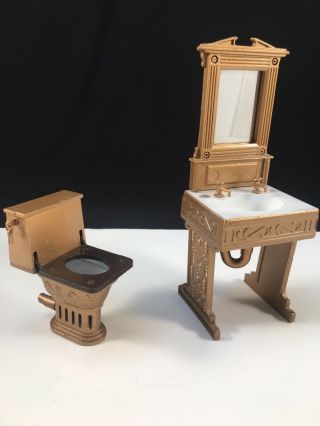 Vintage 1980 Handcraft Designs Metal Dollhouse Bathroom Vanity Sink & Toilet Set