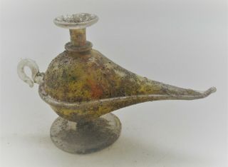 Very Rare Ancient Roman Glass Oil Lamp With Handle Circa 200 - 300ad
