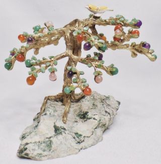 Rare Swoboda Signed Multi Gem Stone Base Bonsai Fruit Berry Tree Bird Sculpture
