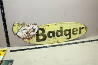 Rare 1950s Badger Farm Embossed Metal Sign Feed Seed Gas Oil Service Corn Deere