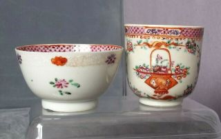 1736 - 95 Antique Chinese Export Famille Rose Tea Cup & Tea Bowl; Qianlong Period