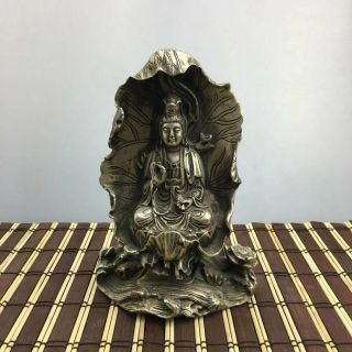 China Old Copper Plating Silver Lotus Leaf Kwan - Yin Guan Yin Goddess Statue E02