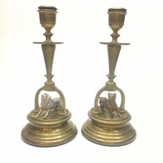 Antique Brass Candlesticks With Dogs Rare Unusual