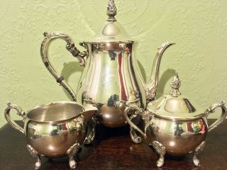 Vintage Viners Sheffield Three Piece Footed Tea Set Teapot Milk Sugar