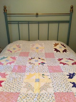 Vintage Antique Star Quilt Feed Sacks Pink Yellow Blue Pastels Child’s Twin Size