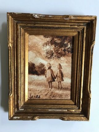 Vintage 8 " X 10 " Canvas Painting Girls Friends Gold Wood Frame