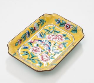 Antique Chinese Hand Painted Canton Enamel Yellow Ground Over Copper Pin Dish