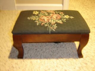 Vintage Heated Foot Stool With Floral Flower Top And Dark Walnut Stained Legs