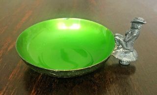 Vintage Reed & Barton Leprechaun Green Enamel Silver Plate Ashtray Trinket Dish