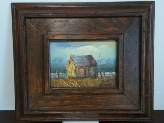 Vintage Oil Painting Of A Barn With Wooden Frame Singed Engel