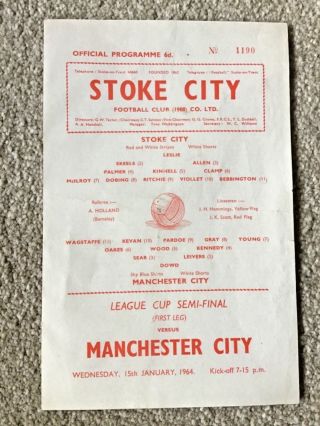 Rare Stoke City V Man City 1964 Football League Cup Semi - Final Programme.  Rare.