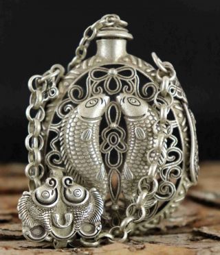 Collect Antique Tibet Silver Carve Hollow Out Pair Fish Delicate Snuff Bottle