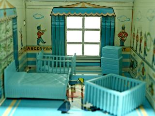 Vintage Marx Plastic Doll House Furniture Blue Nursery Bedroom