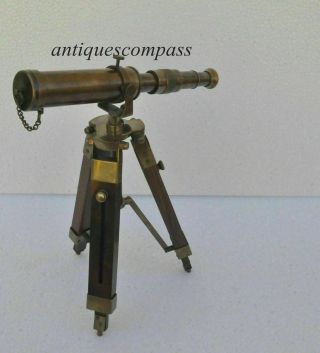 10 " Antique Decorative Collectible Decor Solid Brass Telescope With Tripod Stand