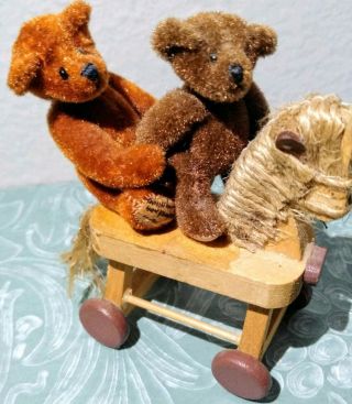 Miniature Bears On Rocker,  Vintage Jointed