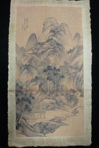 Rare Old Large Chinese Paper Painting Landscape With Marks