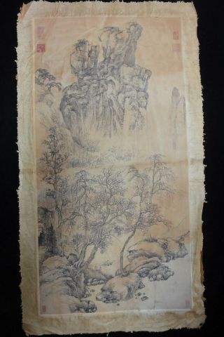 Rare Old Large Chinese Paper Painting Landscape Seal Marks