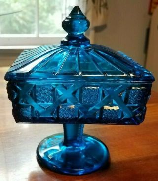 Very Rare Westmoreland Old Quilt Pattern Covered Candy Dish In Cobalt Blue Glass
