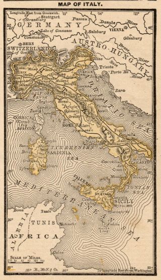 1888 Antique Italy Map Rare Miniature Vintage Map Of Italy Gallery Wall 7068