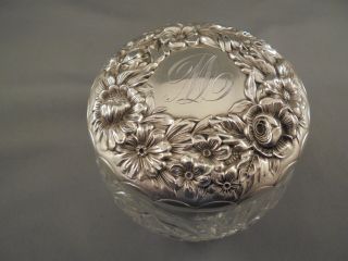 Antique Gorham Sterling Silver & Cut Glass Dresser Jar Repousse Flowers