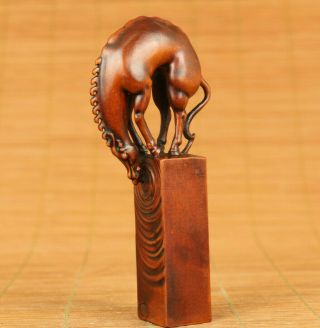 Old Boxwood Carving Horse Water Seal Statue Figure Netsuke Stamp Seal