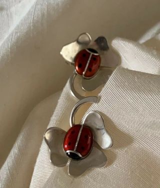 Rare Anton Michelsen Am Sterling Silver Enamel Lady Bug Clip Earrings Denmark